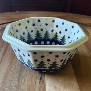 Handcrafted Boleslawiec Polish Pottery Octagonal Ceramic Bowl Trees and Stars